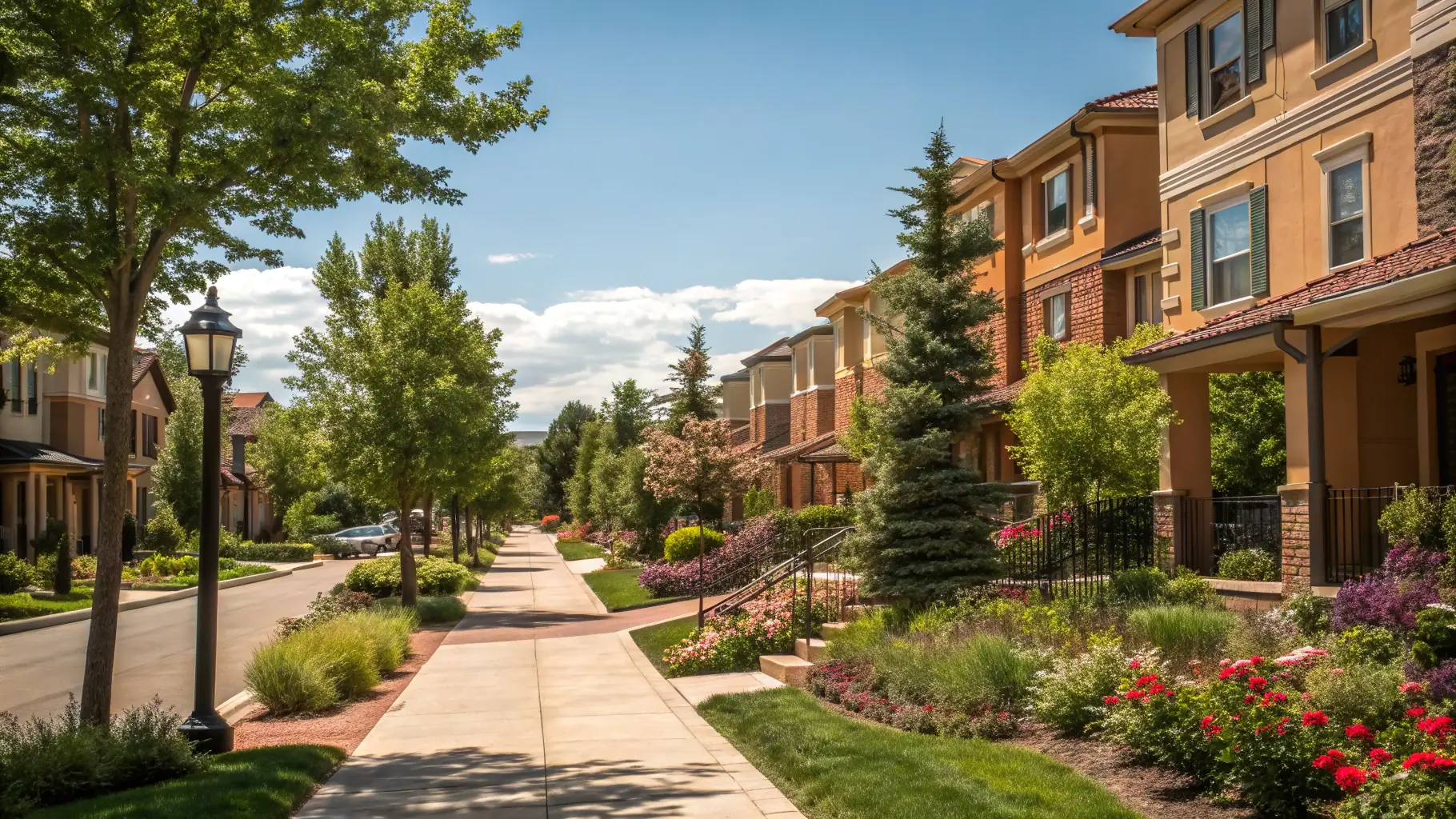 A picturesque view of Castle Rock, Colorado, showcasing a clean and vibrant town with well-maintained buildings and streets.