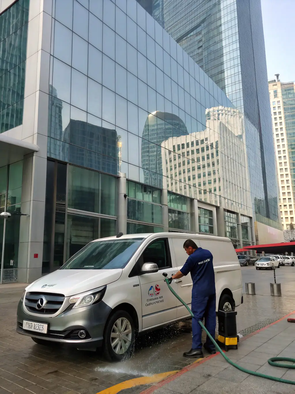 A fleet of commercial vehicles being power washed, highlighting the cleanliness and maintenance of the vehicles, perfect for FrontRangePressurePros' fleet washing service.