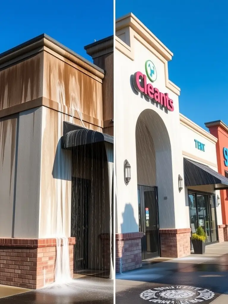 A commercial building exterior being power washed, showcasing clean lines and a professional appearance, suitable for FrontRangePressurePros' commercial power washing service.