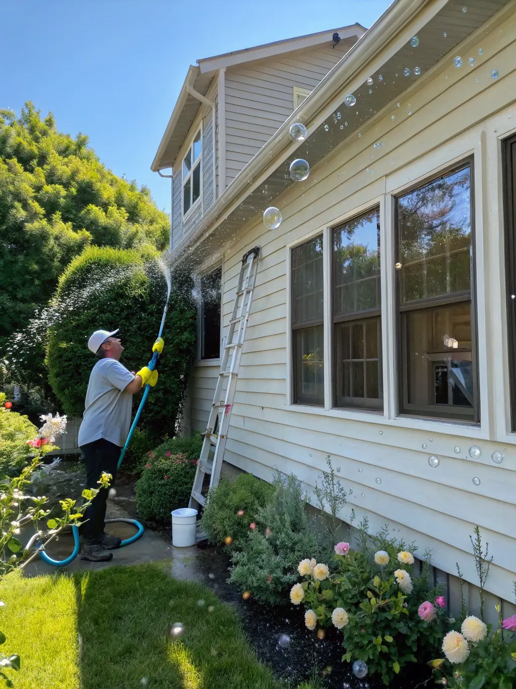 A residential house exterior being power washed, with visible dirt and grime being removed, demonstrating the effectiveness of FrontRangePressurePros' residential service.